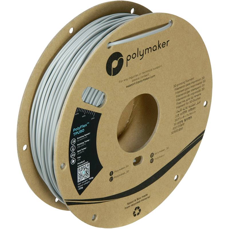 Een rol grijs 3D-printer filament van het merk Polymaker, specifiek PolyFlex TPU90, in een kartonnen verpakking.