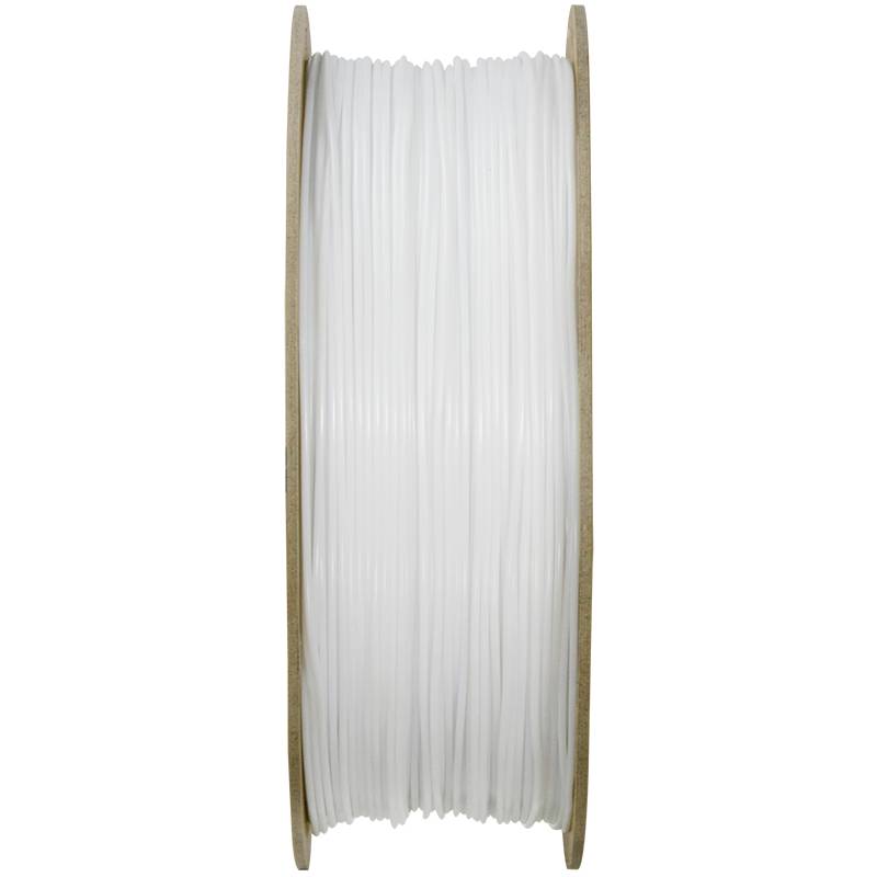 Een rol wit filament voor 3D-printers, zijdelings getoond, opgerold op een houten spoel.
