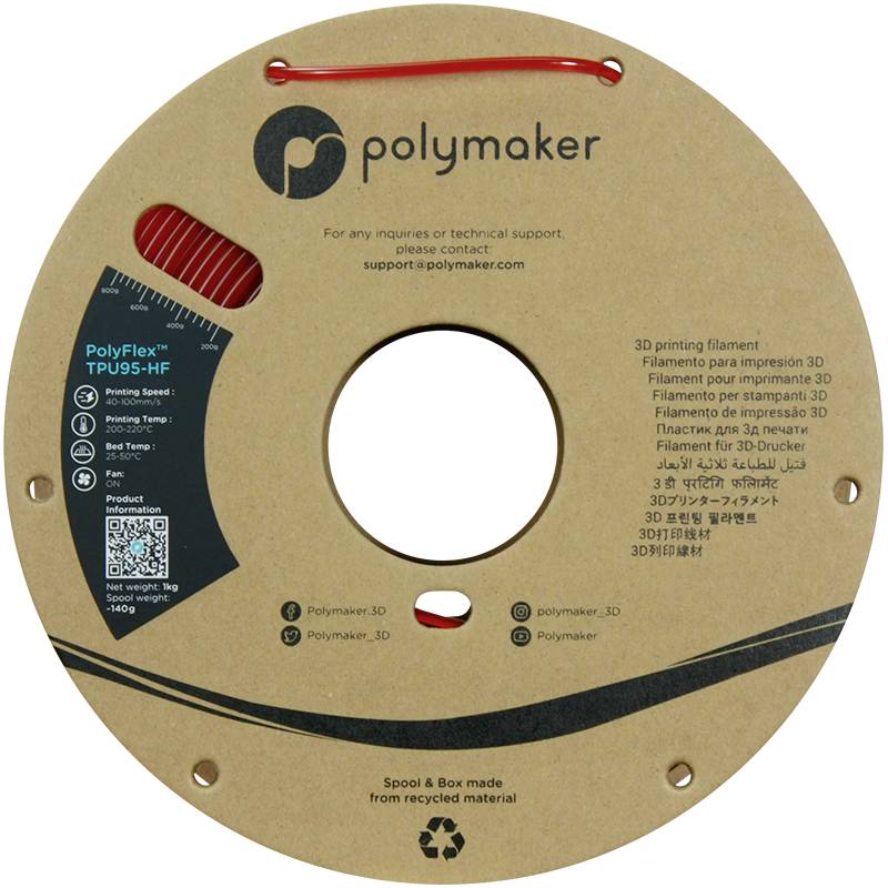 Rol met rood 3D-printfilament 'PolyFlex TPU95-HF' van Polymaker. Verpakking gemaakt van gerecycled materiaal.