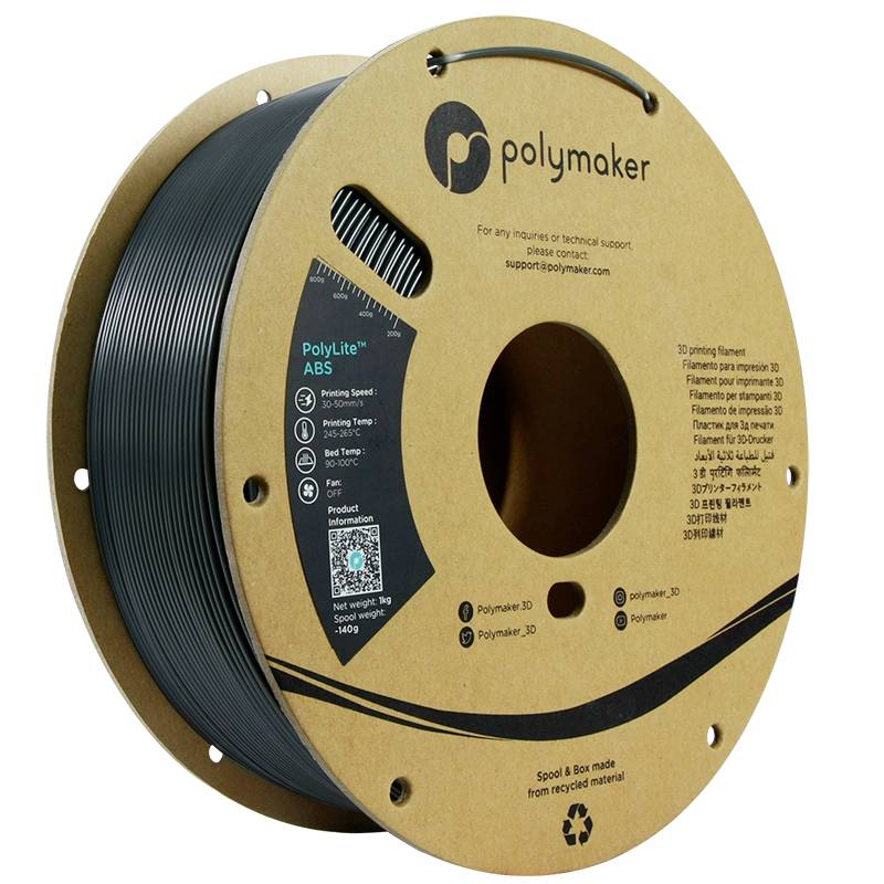 Spoel met zwart 3D-printer-filament van Polymaker, type PolyLite ABS. Geschikt voor 3D-printers, speciale printinstellingen vereist.