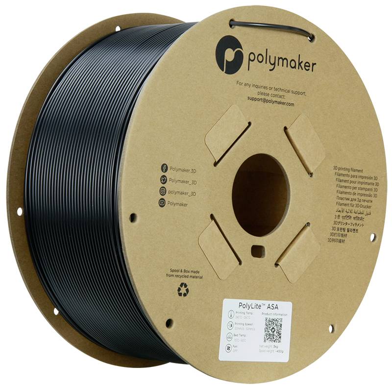Een spoel met zwart 3D-printfilament van het merk Polymaker, model PolyLite ASA, op een kartonnen houder.