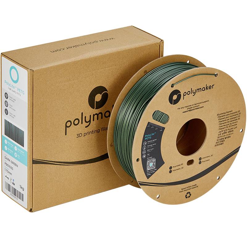 Een rol donkergroen 3D-printfilament van Polymaker naast de verpakking. Verpakking en filament geëtiketteerd.