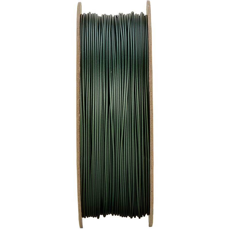 Een spoel met groene draad, opgewikkeld op een houten frame.