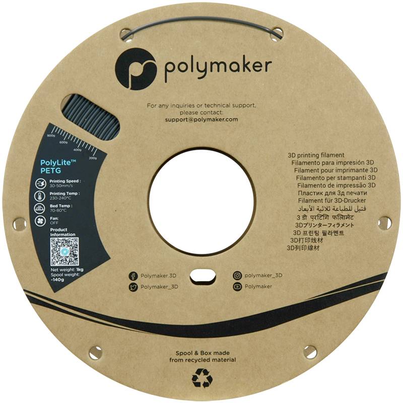 'Polymaker' logo op een bruine spoel. Details van de 3D-printfilament-specificatie in verschillende talen. Website en ondersteuningscontact vermeld.