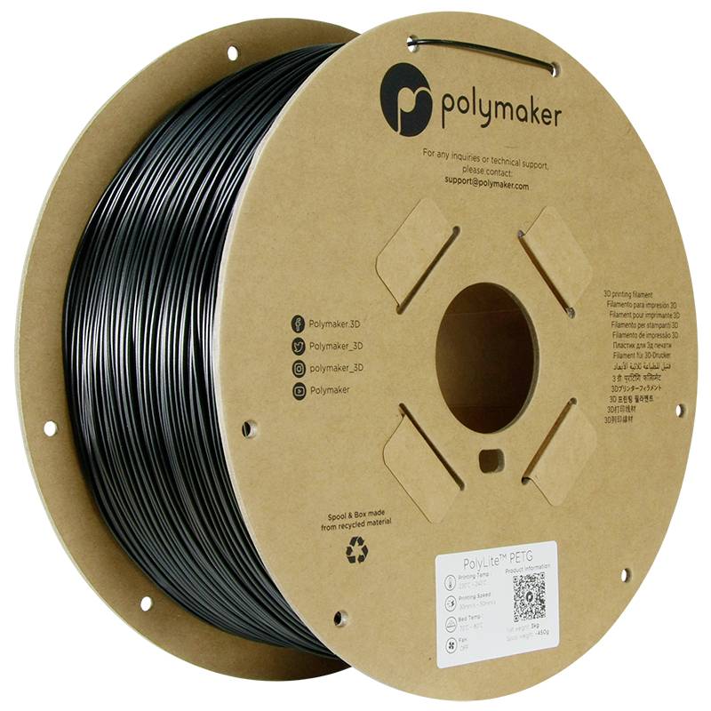 PolyMaker PETG-filamentrol, zwart. Ideaal voor 3D-printers, toont duurzaamheid en veelzijdigheid voor creatieve projecten.