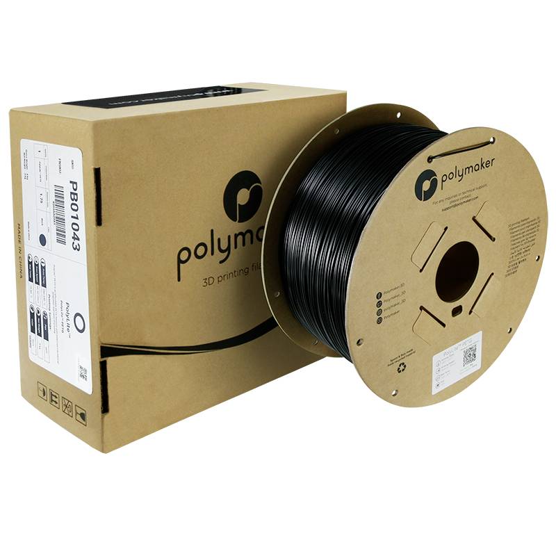 Een rol zwart 3D-printer-filament van het merk Polymaker, naast de bijbehorende kartonnen verpakking.