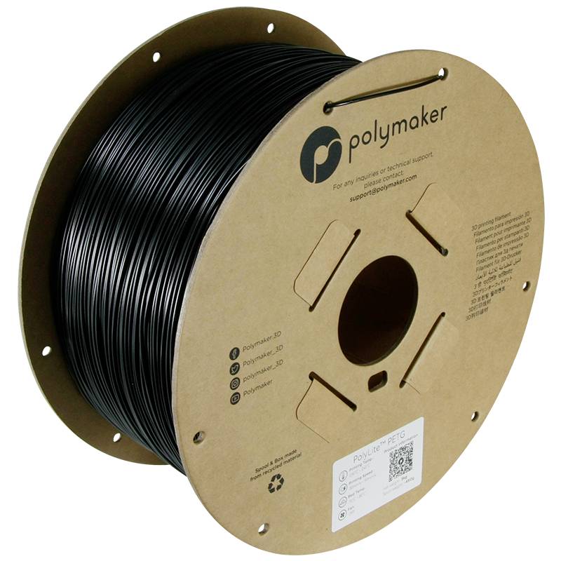 Een spoel met zwart 3D-printfilament van het merk Polymaker, verpakt in een bruine kartonnen doos.