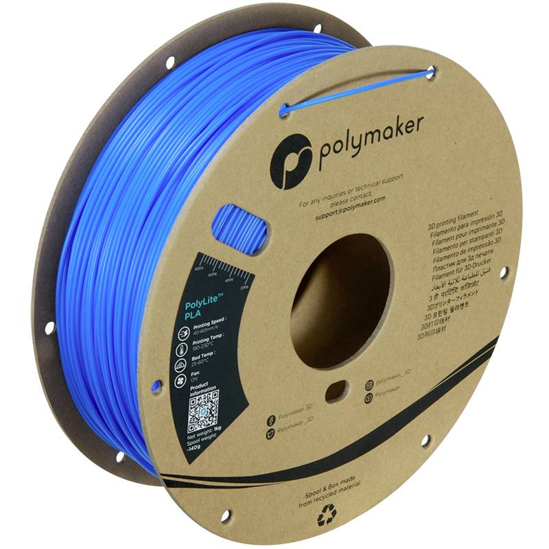 Een rol blauw PLA-filament van Polymaker voor 3D-printers, weergegeven op een kartonnen spoel met productinformaties.