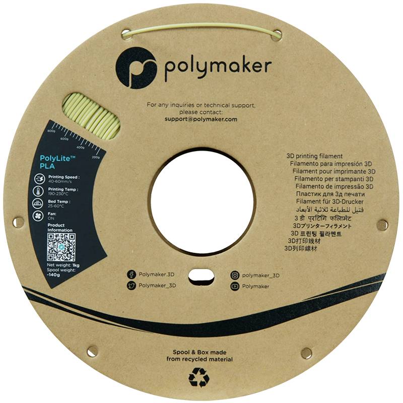 'Polymaker' merklabel op een spoel met 3D-printer-filament. Productspecificatie-informatie en contactgegevens zijn zichtbaar.