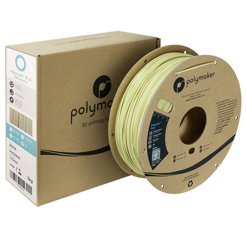 Een rol beige 3D-printfilament van PLA van Polymaker staat voor zijn verpakking. Op de verpakking staan productdetails.