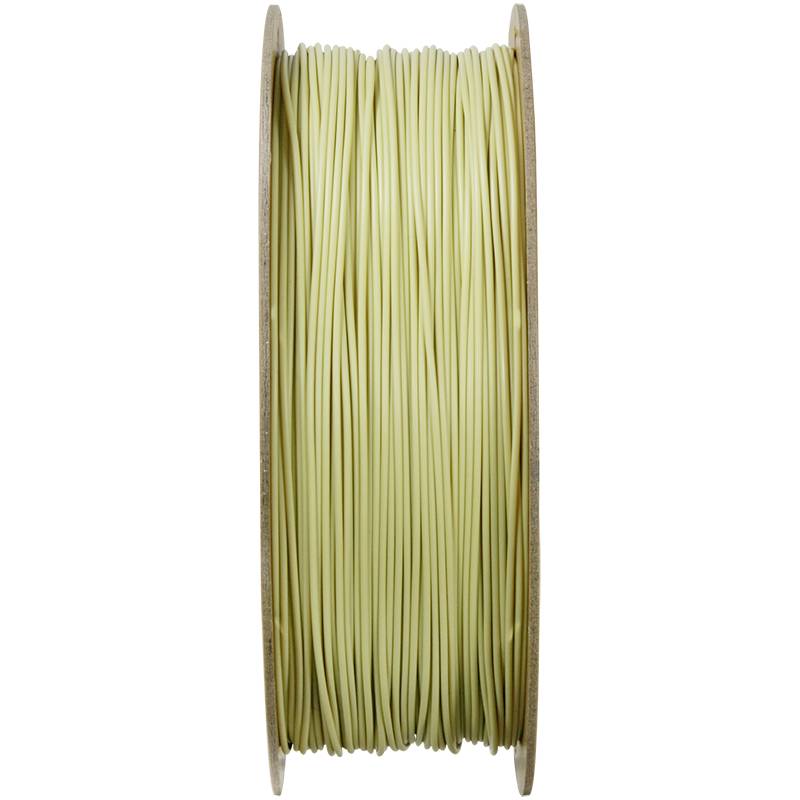 Rol met lichtgeel filament voor 3D-printer, gelijkmatig opgerold op een houten spoel. Geschikt voor verschillende 3D-printprojecten.