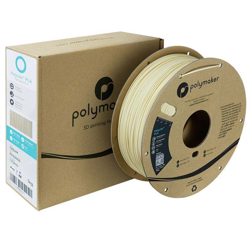 Een spoel met beige 3D-printer filament naast een kartonkleurige doos van 'Polymaker'. Het filamenttype is PLA, 1 kg.
