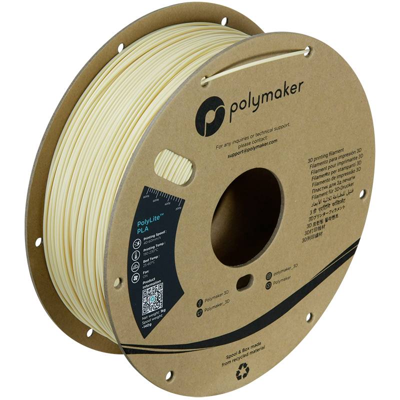 Een bruine kartonnen rol met beige 3D-printerfilament van Polymaker, geëtiketteerd met details over het filamenttype en een QR-code voor technische ondersteuning.