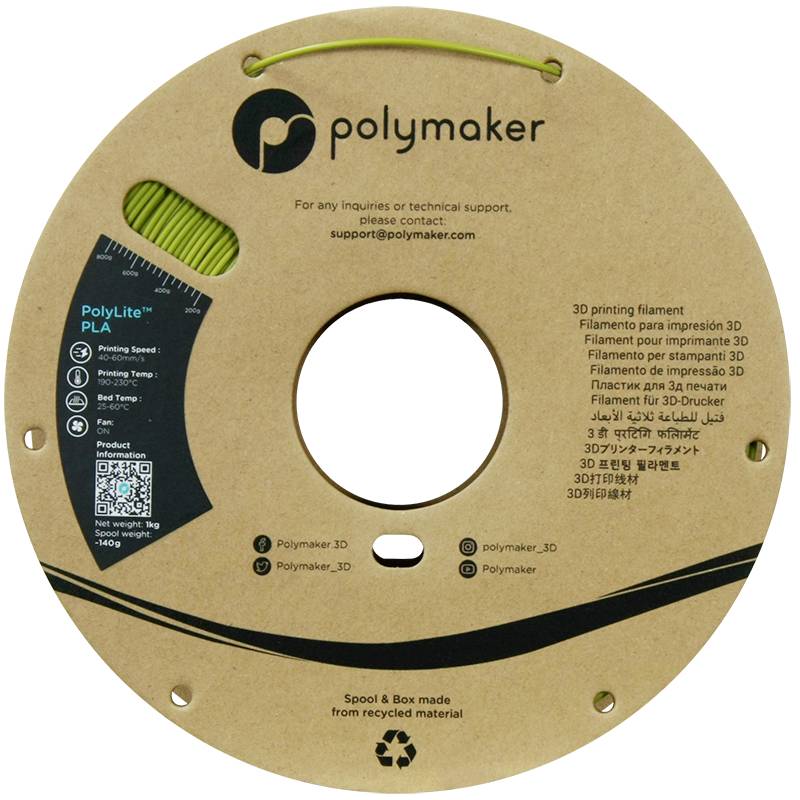 Ronde kartonnen spoel met groen 3D-printfilament. Merknaam 'Polymaker', met technische details van het PolyLite PLA-filament in meerdere talen.