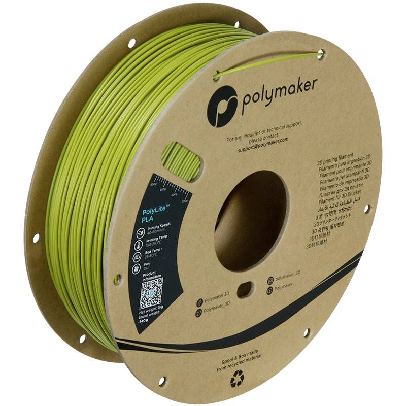 Een spoel met PolyLite PLA-filament in lichtgroen van Polymaker, geschikt voor 3D-printen; toont lengtemaatgeving en recycling-symbool.