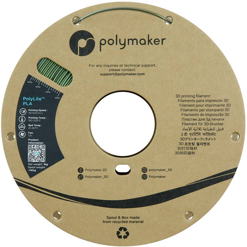 Een 3D-printfilamentspoel van gerecycled materiaal van Polymaker. Bevat PolyLite PLA en contactgegevens voor ondersteuning.