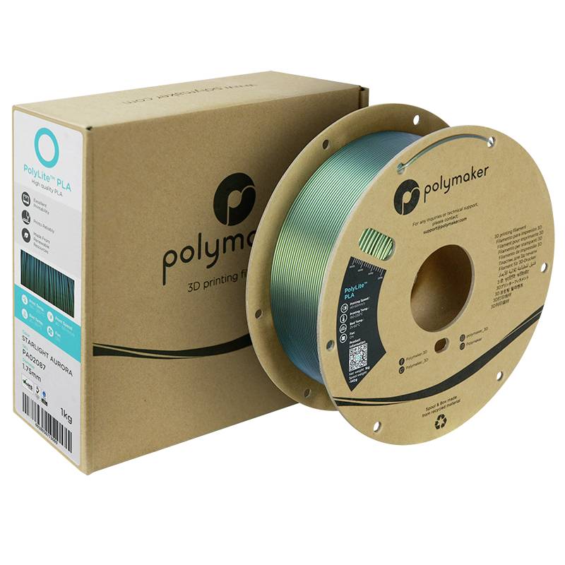 Een rol Polymaker 3D-printfilament in turkoois staat naast de bijbehorende verpakking.