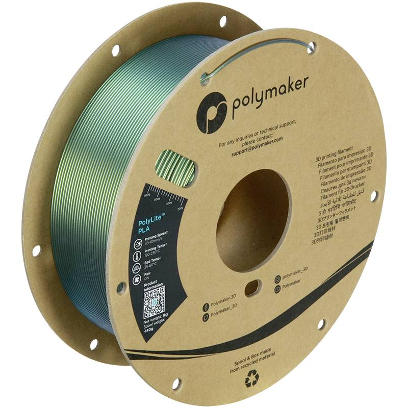 Spoel met groen-blauw 3D-printfilament van PLA van Polymaker. Bevat QR-code en informatie over temperatuur en materiaaleigenschappen.