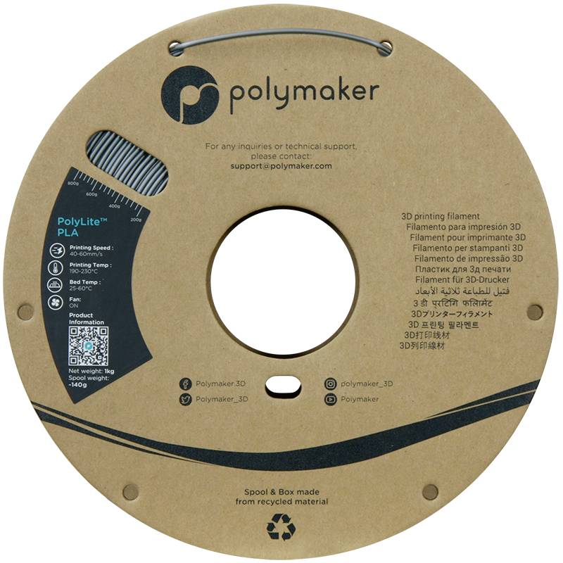 Een ronde verpakking voor 3D-printer filament van het merk 'Polymaker', voorzien van contactgegevens en technische details voor gebruik.