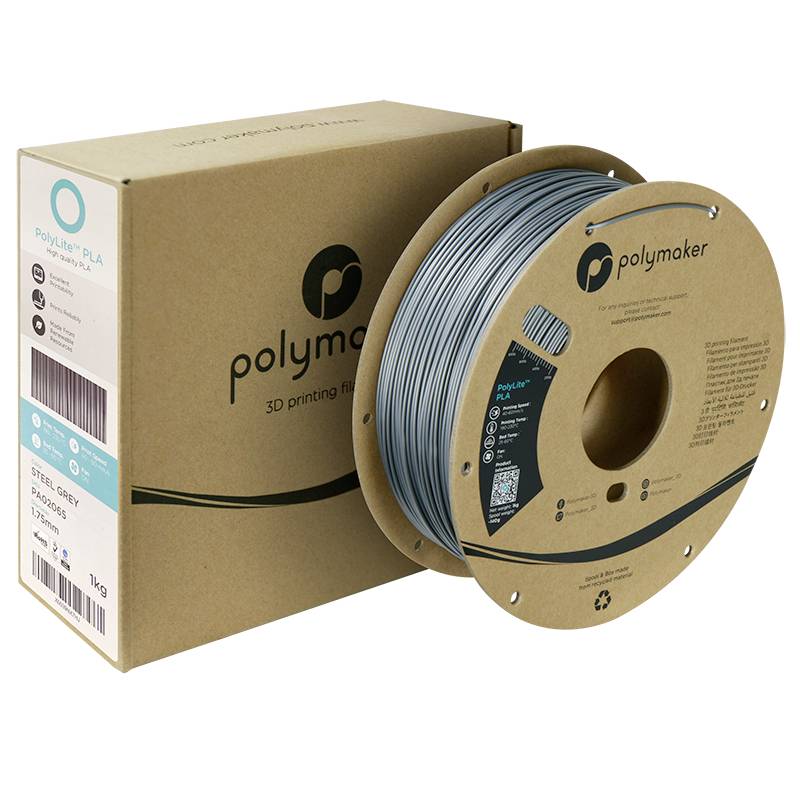 Naast de bijbehorende verpakking staat een rol grijs PLA 3D-printmateriaal van Polymaker.