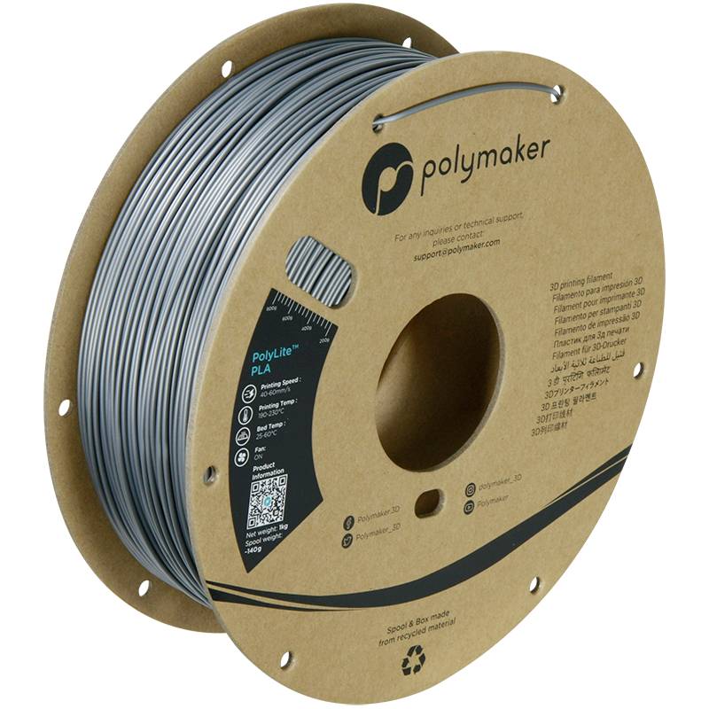 Een spoel met grijs 3D-printer-filament van Polymaker, beschreven als 'PolyLite PLA', geschikt voor verschillende 3D-printapplicaties.