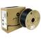 Spoel met zwart 3D-printer-filament naast de verpakking van Polymaker.