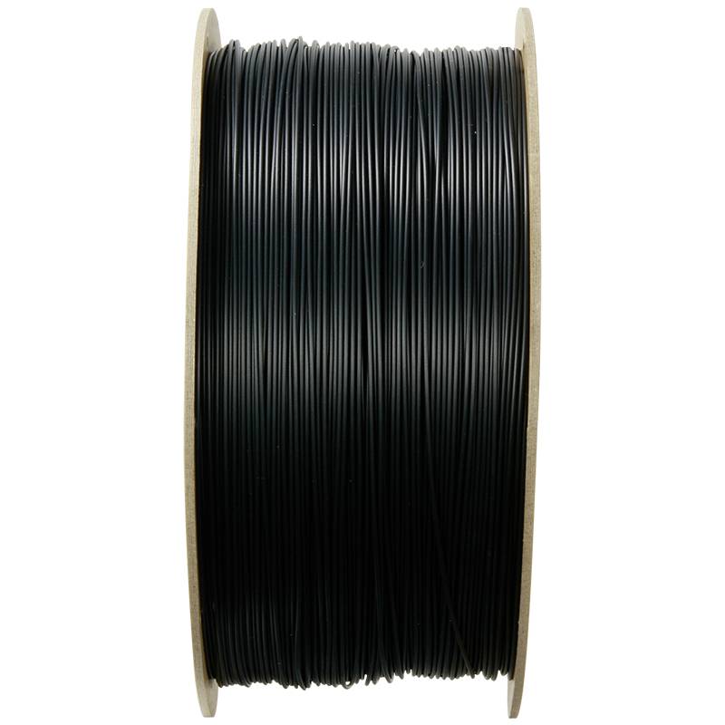 Een rol met zwart filamentdraad, gebruikt voor 3D-printers.