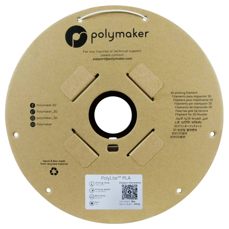 'Polymaker' PLA-filamentspoel, kartonnen doos met opdruk: logo, productinformatie, contactgegevens. Binnenin bevindt zich de opgerolde filament.