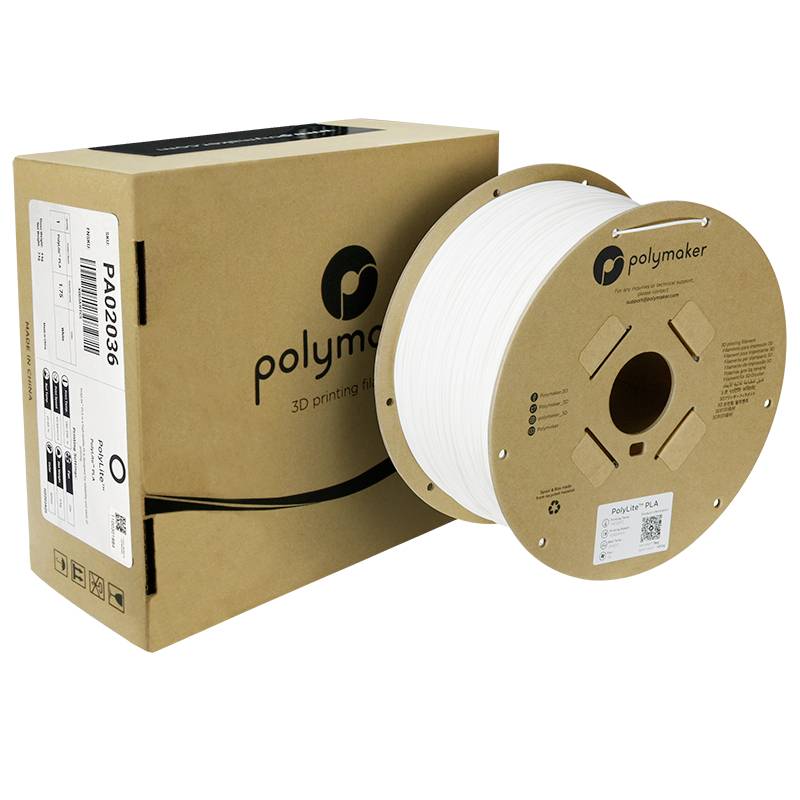 Kartonnen doos en een spoel wit 3D-printer-filament van het merk Polymaker. De doos toont productdetails en gebruiksdoel.