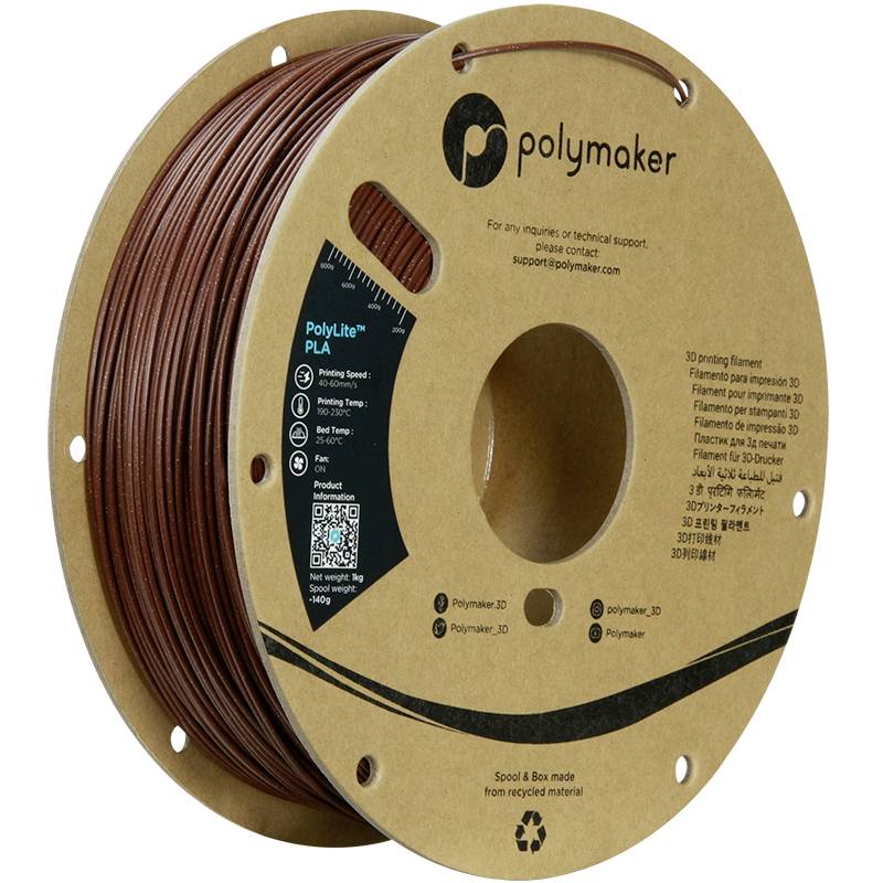 Een bruine filamentspoel van Polymaker, specifiek Polylite PLA. De spoel is gemaakt van gerecycled materiaal en geschikt voor 3D-printers.