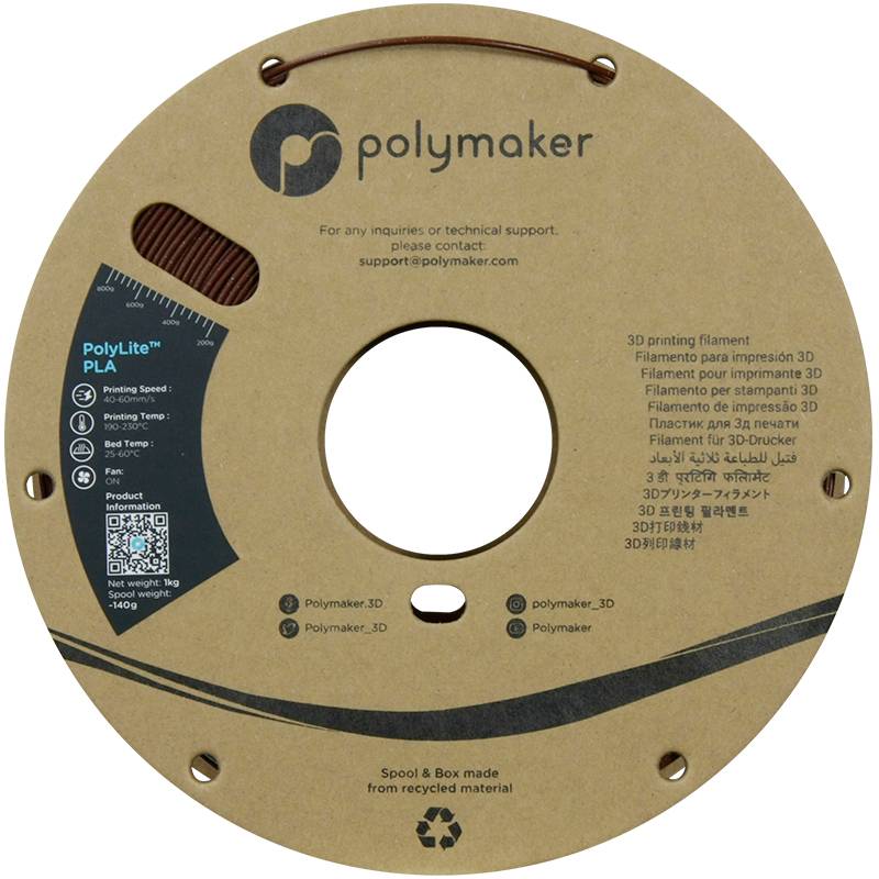 Een 3D-printfilamentrol van Polymaker, model 'PolyLite PLA', in bruin. Bevat contactgegevens en sociale media-links op het etiket.