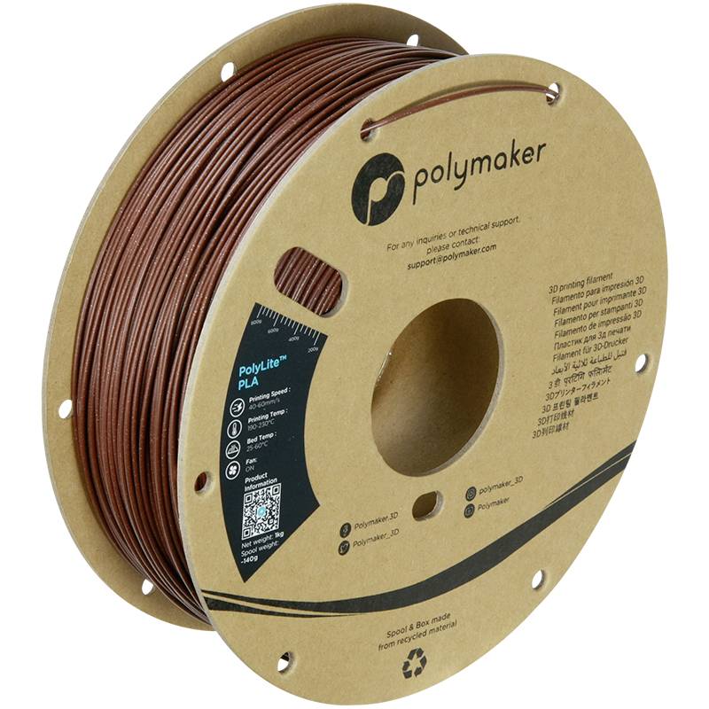 Een spoel bruine 3D-printer-filament van Polymaker, model 'PolyLite PLA'. De verpakking toont fabrikantinformatie en QR-codes.