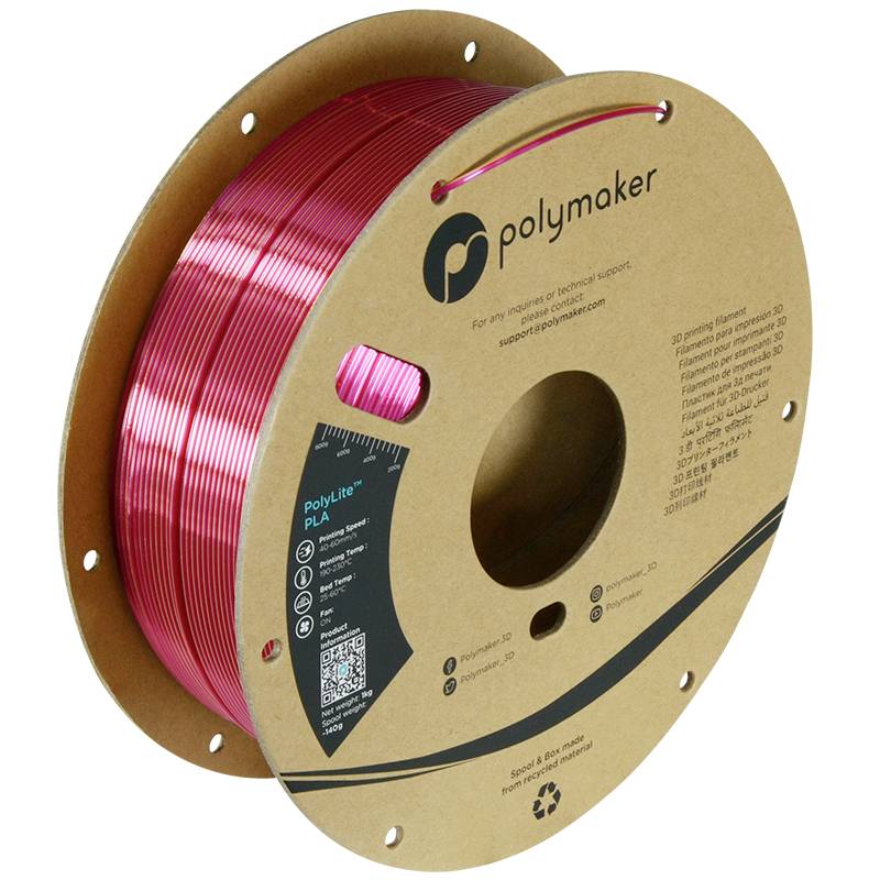 Een rood glanzende filamentrol voor 3D-printers, gewikkeld om een bruine kartonnen kern, met Polymaker-logo en productinformatie.