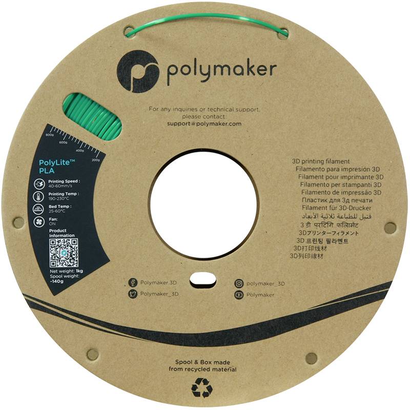 'Polymaker PolyLite PLA' 3D-printerfilament op spoel van gerecycled materiaal, geschikt voor verschillende 3D-drukbewerkingen.