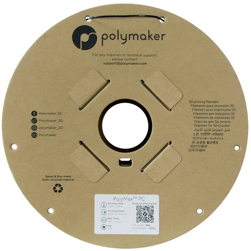 'Polymaker filamentspoel van gerecycled karton met contactgegevens. Bevat details over materiaal en gebruiksaanwijzingen.'