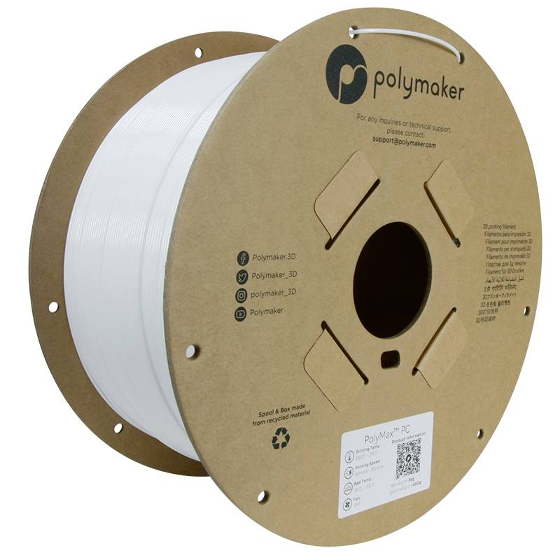 Een spoel met wit 3D-printer-filament van het merk Polymaker, verpakt in een bruine, recyclebare kartonnen schijf.