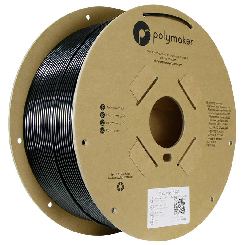 Een spoel met zwart 3D-printer-filament van Polymaker, waarop het merklogo en contactgegevens te zien zijn.