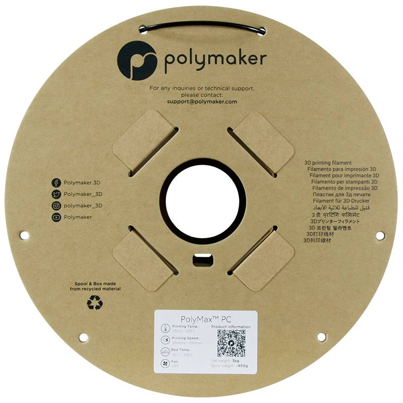 Een grote spoel met bruine kartonnen afdekking. Opschrift: 'Polymaker'. Bevat technische details en contactgegevens voor filament.