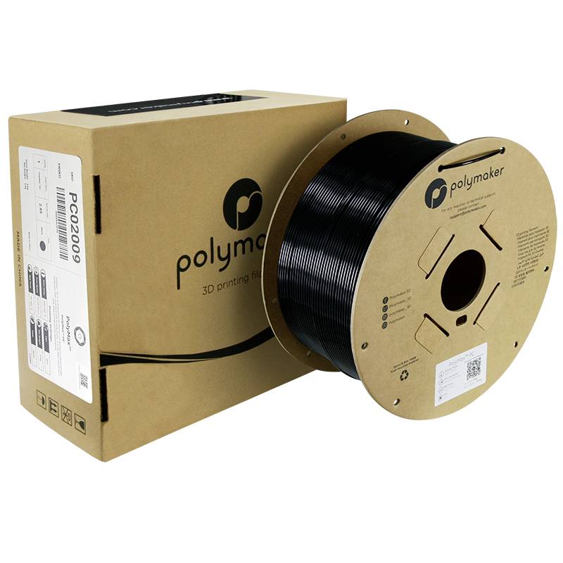 Een spoel zwart 3D-printer-filament naast een kartonnen verpakking van Polymaker, met productinformatie op de verpakking.