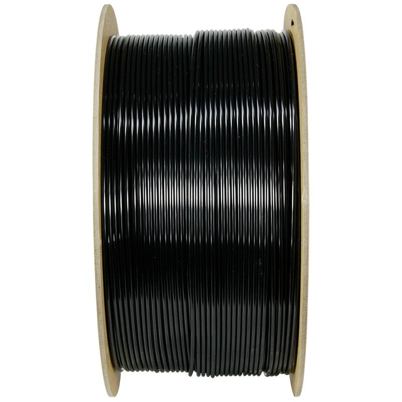 Een spoel met een zwart kabel, netjes opgerold, gefotografeerd van opzij. De spoel heeft zijschijven van hout.