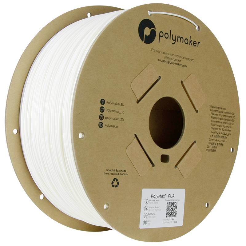 Een rol wit 3D-printer filament van PLA van Polymaker; ideaal voor modelleren en prototyping met hoge sterkte.