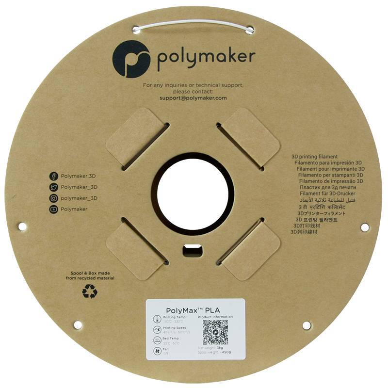 Rol van gerecycled karton met 'Polymaker'-logo. Bevat 3D-printer-filament van PLA. Contactgegevens en aanwijzingen in meerdere talen.