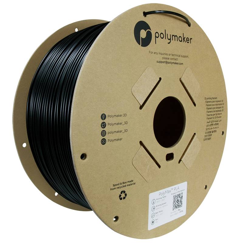 Spoel met zwart 3D-printer-filament van PLA. Verpakking van gerecycled karton met Polymaker-logo en contactgegevens.