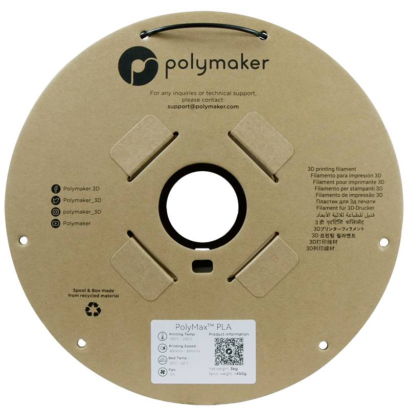 Spoel van gerecycled materiaal met 'PolyMax PLA' filament van het merk Polymaker, gebruikt voor 3D-printen, met product- en contactgegevens.