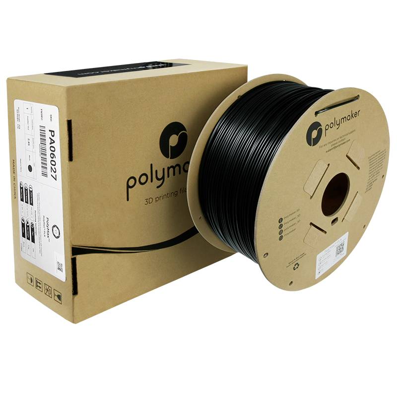 3D-printfilament van Polymaker, zwart, met verpakking en spoel. Product geschikt voor PA6-gebaseerde 3D-prints.
