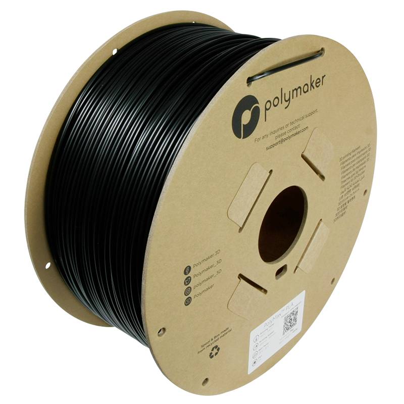 Een spoel met zwart 3D-printfilament van het merk Polymaker. De spoel toont het merkenlogo en het recycling-symbool.
