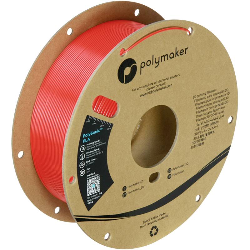 Rode spoel met 3D-printfilament van Polymaker, model PolySonic PLA. Op de spoel bevinden zich contactgegevens en recyclinginstructies.