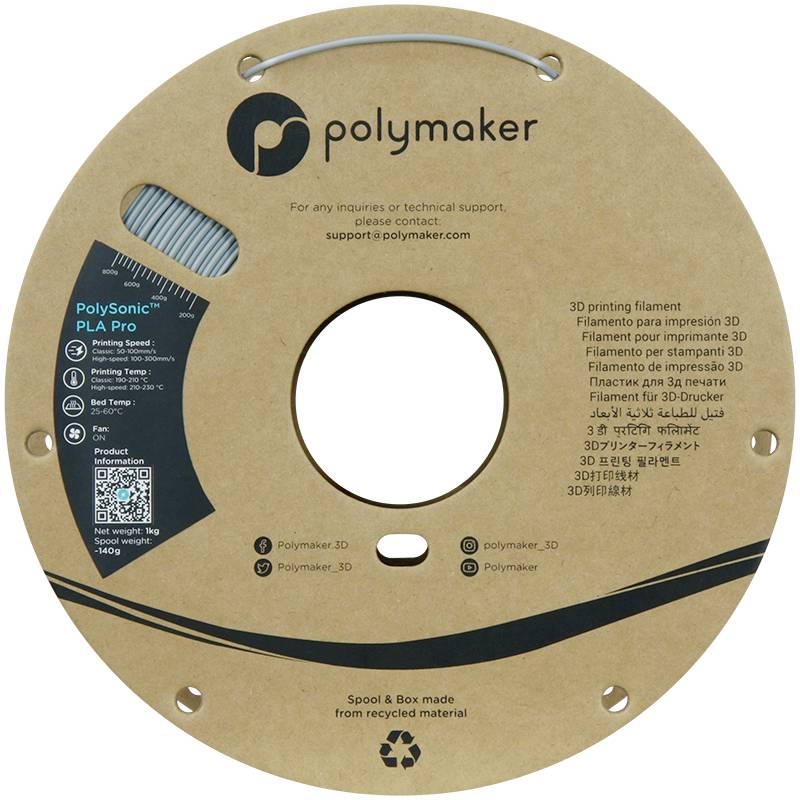 Een rol 'PolySonic PLA Pro' van Polymaker, vervaardigd uit gerecycled materiaal, met vermelding van gewicht, printtemperatuur en technische ondersteuning.