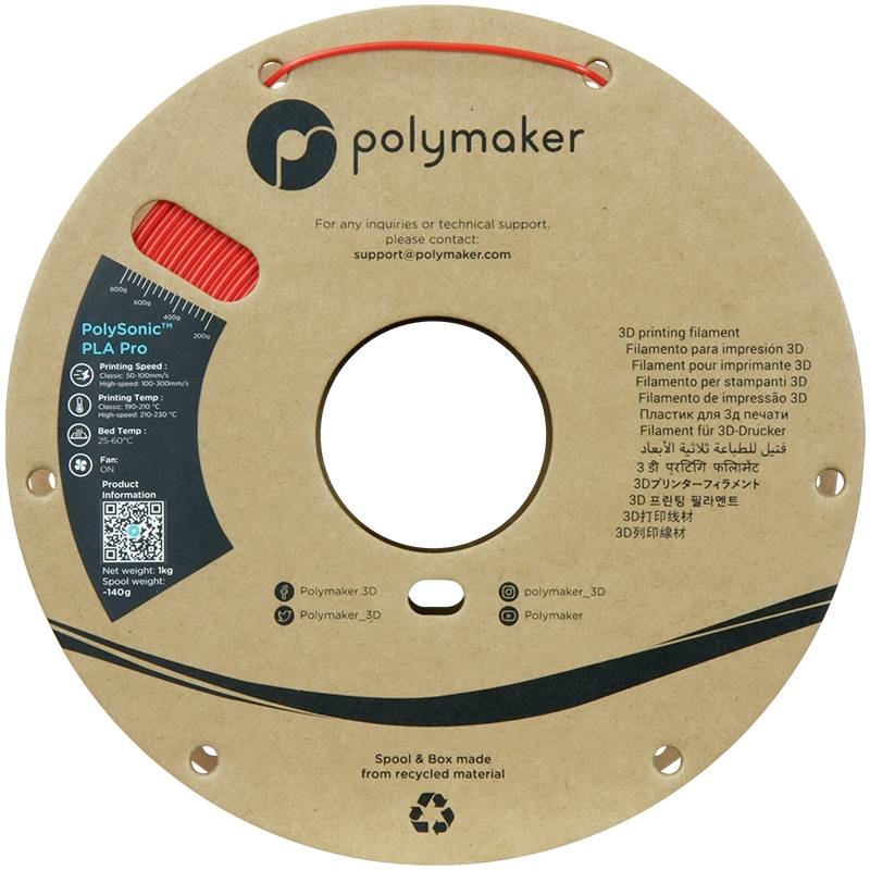 Een rol Polymaker 3D-printer filament met rood PLA Pro filament. Bevat contactinformatie en materiaalspecificaties.