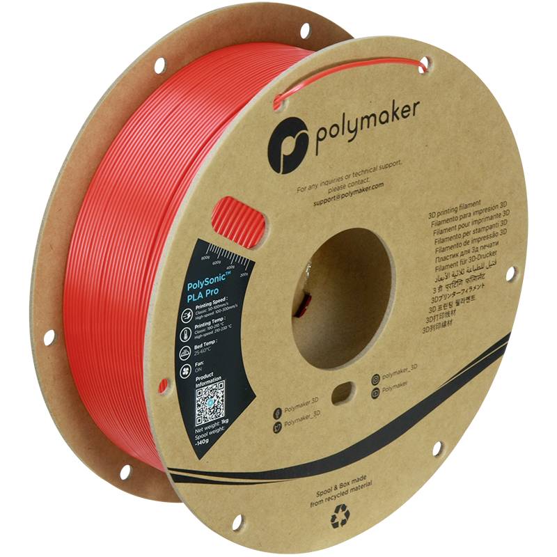'3D-printerfilamentrol van Polymaker in Rood, Model PLA Pro, scan QR-code voor technische ondersteuning, recyclebaar.'